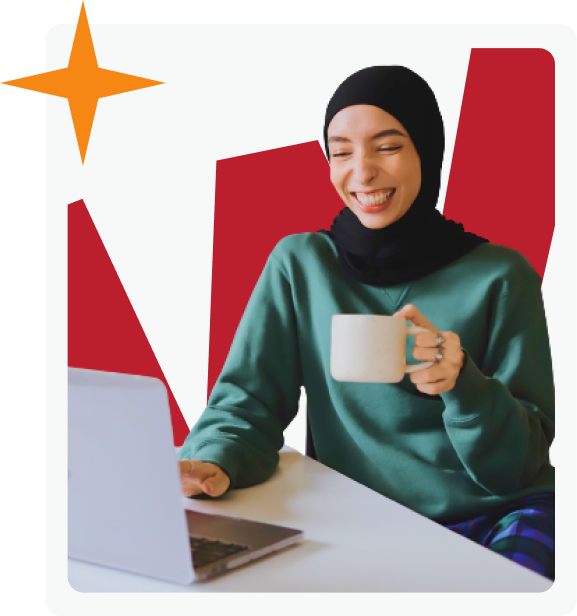 A smiling woman in a hijab happily using a laptop, illustrating engaging and accessible professional development course for employees with AZEE Training.